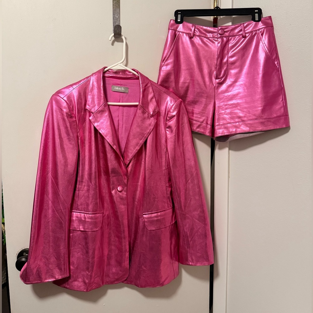 Blue B. Collection Hot Pink Metallic Faux Leather Blazer & Shorts Set - Picture 4 of 6